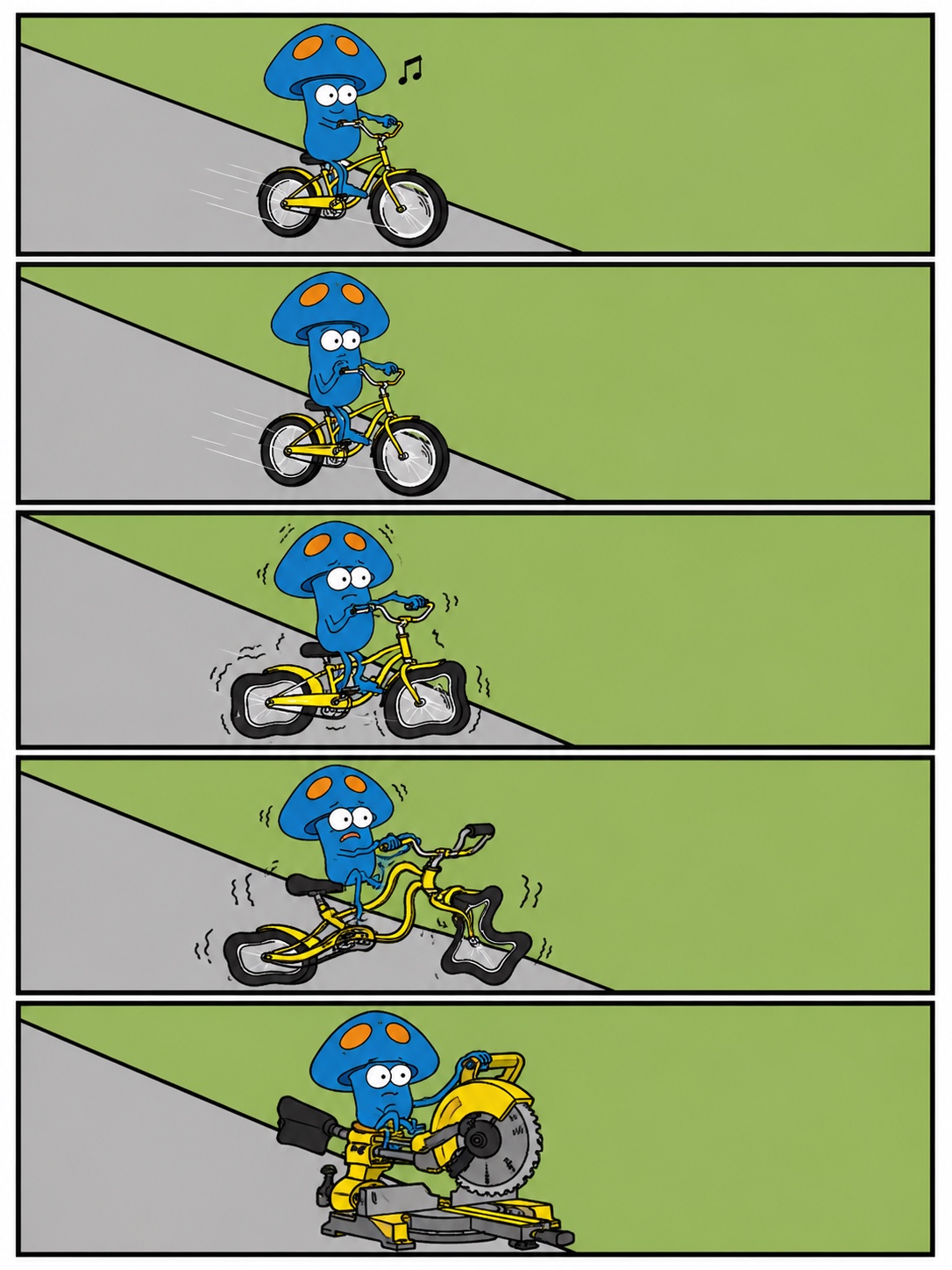 Surreal cartoon sequence transforming a bicycle into a yellow miter saw