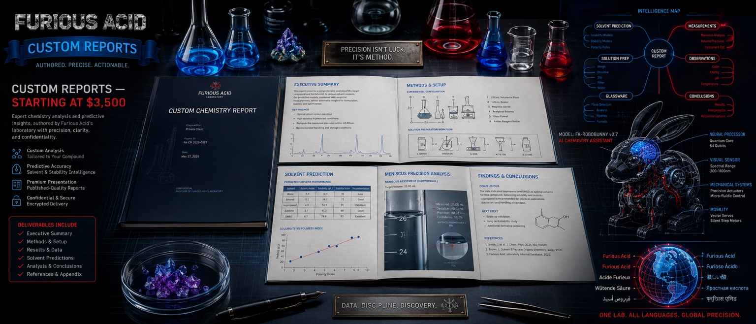Furious Acid custom chemistry report specimen with laboratory glassware and analytical report pages